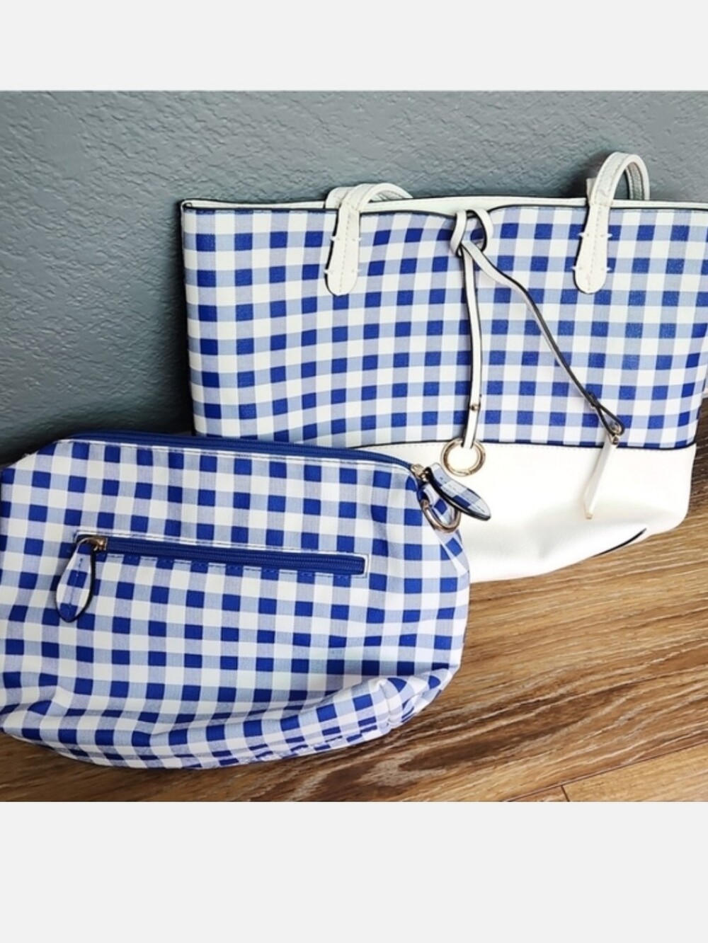 Imoshion Blue White Gingham Check Tote Purse Bag & Cosmetic Toiletry Makeup Bag